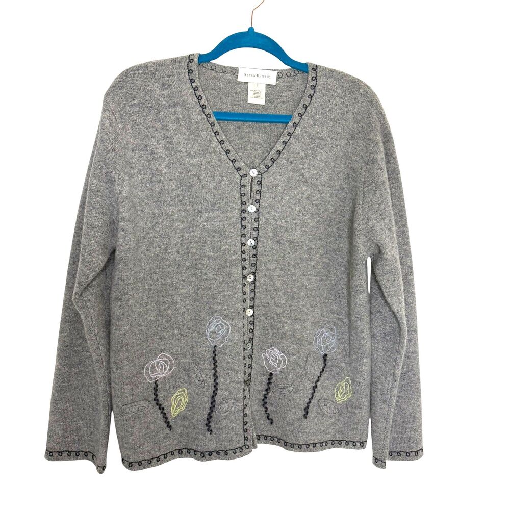 Susan Bristol Lambs Wool Cardigan Sweater Embroidered Floral Gray L